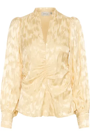 Gestuz Bluser & Skjorter, Dame, Gul, L, Gul V-hals bluse med rynket front