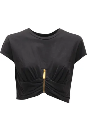 Elisabetta Franchi Top, Dame, Sort, S, Bomuld, Sort Cropped T-shirt i bomuld med draperede kopper