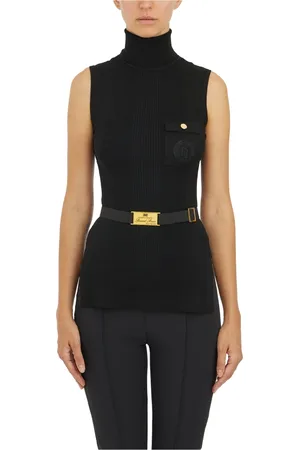 Elisabetta Franchi Top, Dame, Sort, XL, Uld, Ribbet Dolcevita Top