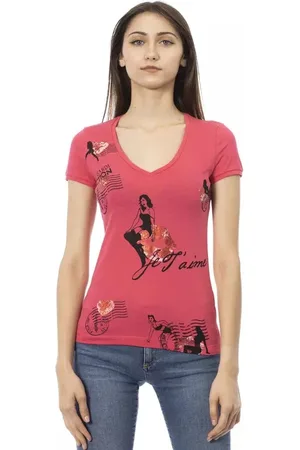 Trussardi Top, Dame, Lyserød, L, Bomuld, Elegant V-hals T-shirt med Front Print