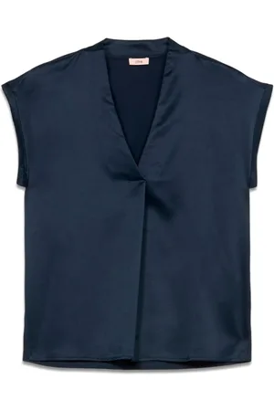 Oltre Top, Dame, Blå, M, Bomuld, To-materiale T-shirt med V-udskæring