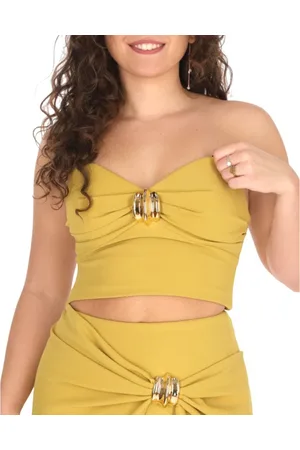 Elisabetta Franchi Top, Dame, Gul, S, Satin, Struktureret Crepe Top med Gyldent Detalje