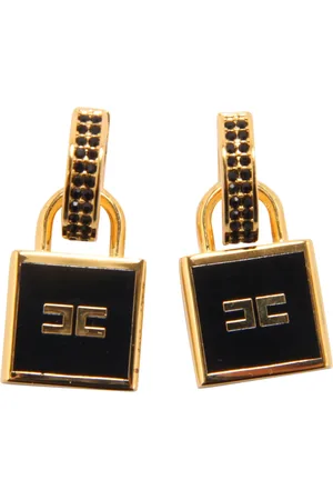 Elisabetta Franchi Tilbehør, Dame, Gul, ONE SIZE, Uld, Guld og Sort Hoop Øreringe med Låsevedhæng