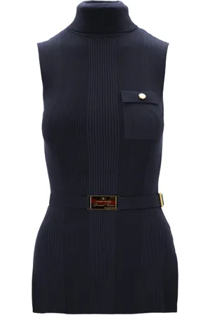 Elisabetta Franchi Strik, Dame, Blå, L, Uld, Ribbet ærmeløs turtleneck sweater