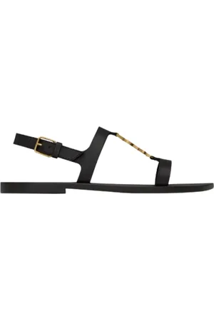 Saint Laurent Sko, Dame, Sort, 37 1/2 EU, Læder, Bronze-tone Læder Sandaler med Ankelrem