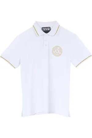 VERSACE Top, Herre, Hvid, 2XL, Uld, Hvid/Guld V Emblem Piquet Polo Skjorte