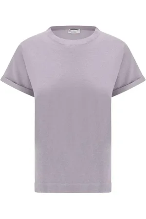 Brunello Cucinelli Top, Dame, Lilla, S, Nylon, Kashmir Glitter T-shirt med Ribbet Crew Neck
