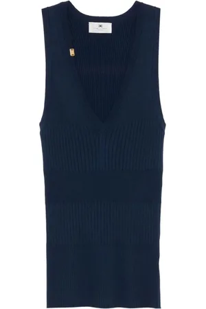 Elisabetta Franchi Top, Dame, Blå, L, Blå Ribbet V-Hals Ærmeløs Top