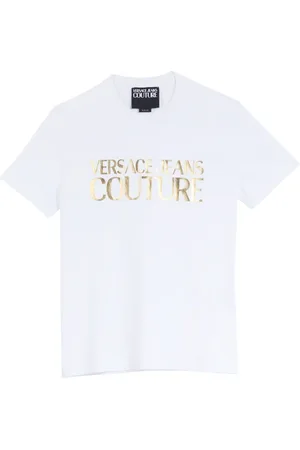 VERSACE Top, Herre, Hvid, L, Bomuld, Logo Præget Bomuld T-Shirt Hvid/Guld