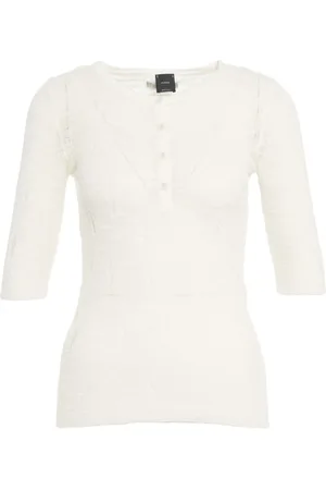 Pinko Top, Dame, Hvid, S, Uld, Hvid Crew Neck T-shirt med Unikke Detaljer