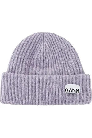 Ganni Tilbehør, Dame, Lilla, ONE SIZE, Uld, Lilla Beanie Hat Ribbed Edge