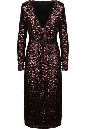 Andamane Kjole, Dame, Brun, L, Polyester, Paillet Wrap Kjole med Broderi