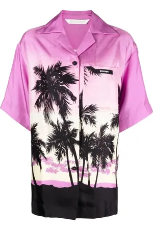 Palm Angels Skjorte, Dame, Lilla, 2XS, Oversized Silk Twill Bowling Shirt med Sunset Print