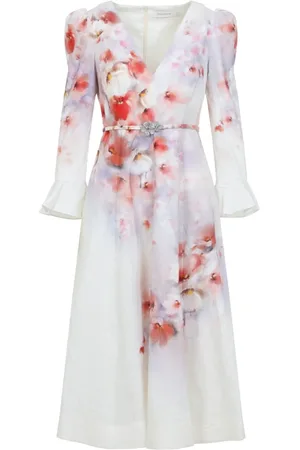 ZIMMERMANN Kjole, Dame, Flerfarvet, M, Crush Frill Sleeved Midi Dress