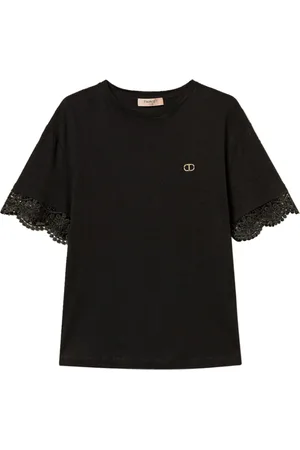 Twin-Set Top, Dame, Sort, M, Bomuld, Sort bomulds T-shirt med blonderærmer