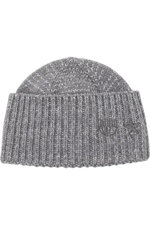 Chiara Ferragni Tilbehør, Dame, Grå, ONE SIZE, Uld, Strikket Ribstrikket hue med broderet logo