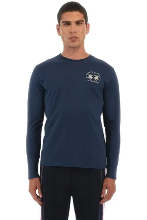La Martina Top, Herre, Blå, XL, Bomuld, Blå Bomuld Langærmet T-Shirt med Broderet Logo