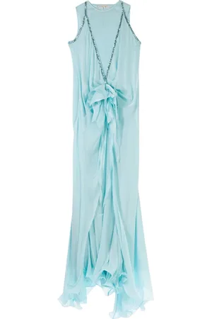 GENNY Kjole, Dame, Blå, XS, Chiffon, Blå Chiffon Lang Kjole med Blomsterudsmykning