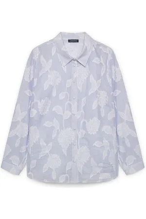 Fiorella rubino Bluser & Skjorter, Dame, Blå, 6XL, Bomuld, Stribet skjortebluse med blomsterforarbejdning