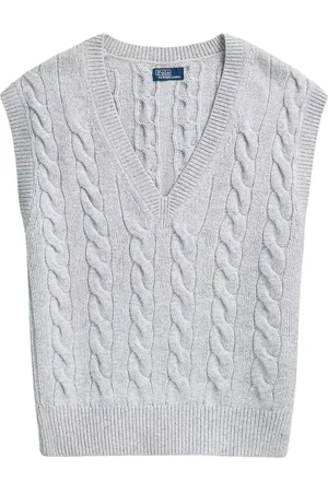 Ralph Lauren Strik, Dame, Grå, M, Uld, Grå ærmeløs sweater i kabelstrik