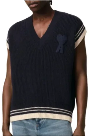 Ami Strik, Dame, Blå, M, Uld, Ærmeløs Uld Ribbet College Stil Sweater