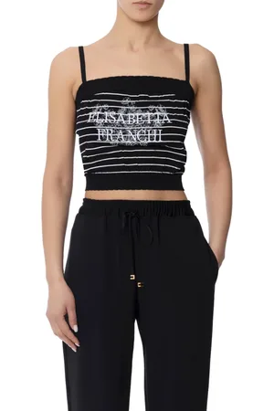 Elisabetta Franchi Top, Dame, Sort, S, Sort Blomstret Stribet Top