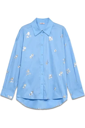 Oltre Bluser & Skjorter, Dame, Blå, M, Bomuld, Poplin skjorte med blomsterbroderi