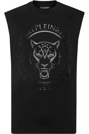 Philipp Plein Top, Herre, Sort, XL, Bomuld, Sort ærmeløs Carbon Tiger T-shirt