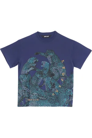 Roberto Cavalli Top, Herre, Blå, L, Bomuld, Leopard Print Blå T-shirt