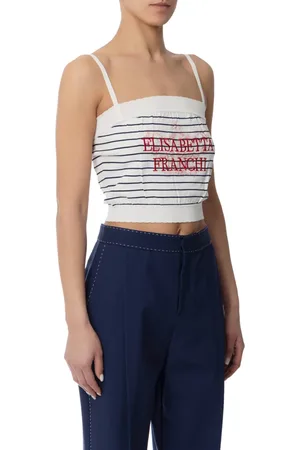 Elisabetta Franchi Top, Dame, Hvid, M, Stribet Blomstret Top med Tynde Stropper