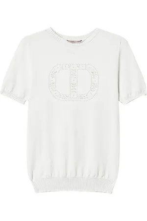 Twin-Set Strik, Dame, Blå, XS, Polyester, Hvid Blomstret Sweater
