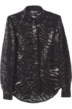 Roberto Cavalli Bluser & Skjorter, Dame, Sort, XS, Polyester, Tiger Blonde Langærmet Skjorte