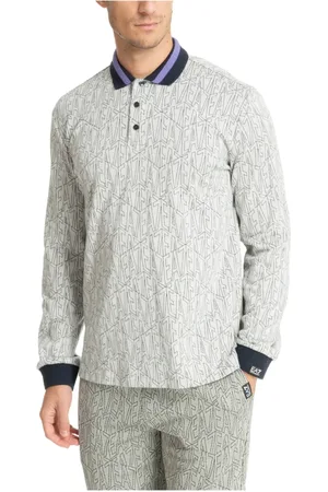 EA7 Top, Herre, Grå, M, Bomuld, Logo Print Langærmet Polo Shirt