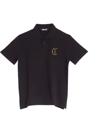Roberto Cavalli Top, Herre, Sort, M, Bomuld, Sort Lurex Polo Skjorte med Gotisk Broderi
