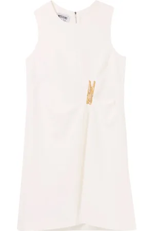 Moschino Kjole, Dame, Hvid, M, Polyester, Hvid Cady Kjole med Legende Broderi
