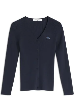 Maison Kitsuné Strik, Dame, Blå, S, Bomuld, Baby Fox Patch Ribbet Cardigan