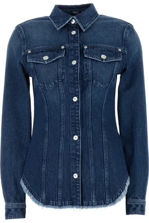 VERSACE Bluser & Skjorter, Dame, Blå, S, Denim, Denim Vasket Blå Skjorte med Frynsekant