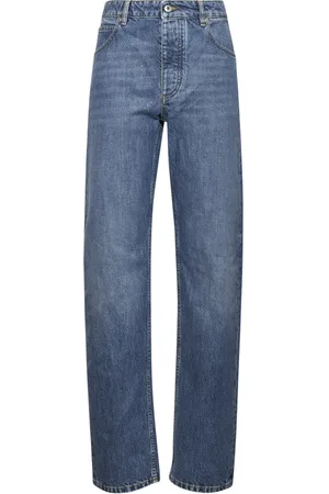 Bottega Veneta Jeans, Dame, Blå, 3XS, Læder, Intrecciato Læder Patch Straight Leg Jeans