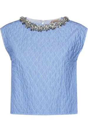 Nº21 Bluser & Skjorter, Dame, Blå, L, Bomuld, Klar Blå Stribet Crop Top med Krystaller