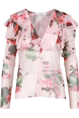 Serafini Bluser & Skjorter, Dame, Flerfarvet, M, Tyl, Pink Blomstret Tyl Ruffle Kjole
