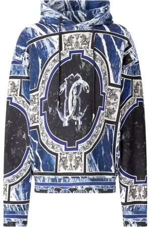 Roberto Cavalli Sweathshirts & Hoodies, Herre, Blå, L, Bomuld, Hættetrøje med marmormønster og pynt