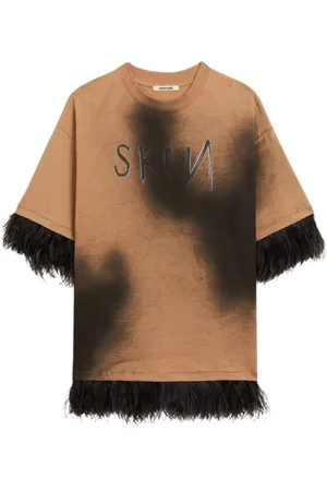 Roberto Cavalli Top, Dame, Brun, L, Bomuld, Fjertrimmet Tie-Dye Bomuld T-shirt