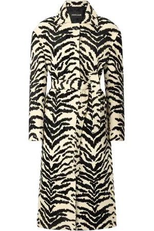 Roberto Cavalli Frakke, Dame, Sort, M, Hvid Tigress Print Bæltet Frakke