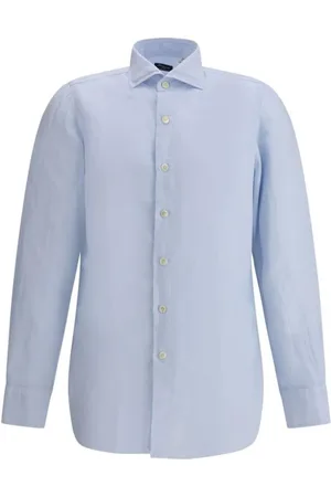 Finamore Skjorte, Herre, Blå, 4XL, Linned, Letvægts Linnedskjorte med Klassisk Krave