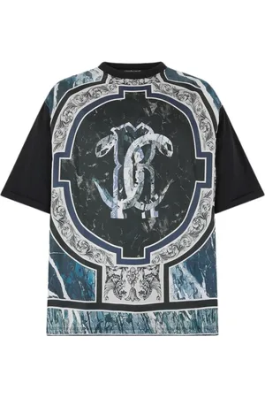 Roberto Cavalli Top, Herre, Blå, S, Bomuld, Marmoreret Crew Neck T-shirt
