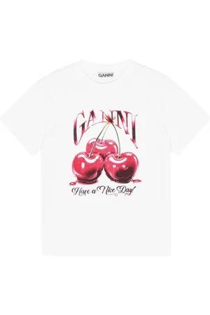 Ganni Top, Dame, Hvid, XS, Bomuld, Grafisk Print Rund Hals T-shirt