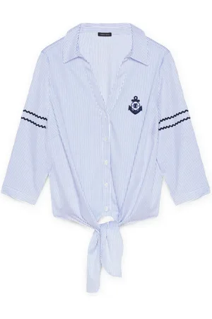 Fiorella rubino Bluser & Skjorter, Dame, Blå, 4XL, Bomuld, Stribet skjortebluse med lapper at binde