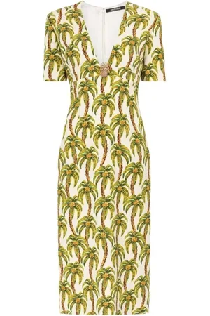 Roberto Cavalli Kjole, Dame, Grøn, S, Palm Tree Print Midi Kjole