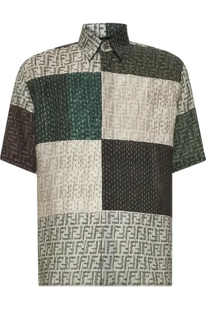 Fendi Skjorte, Herre, Flerfarvet, L, Linned, Patchwork Linnedskjorte med Italiensk Krave