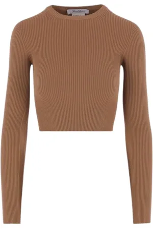 Max Mara Strik, Dame, Brun, M, Læder, Brun Læder Crewneck Sweater